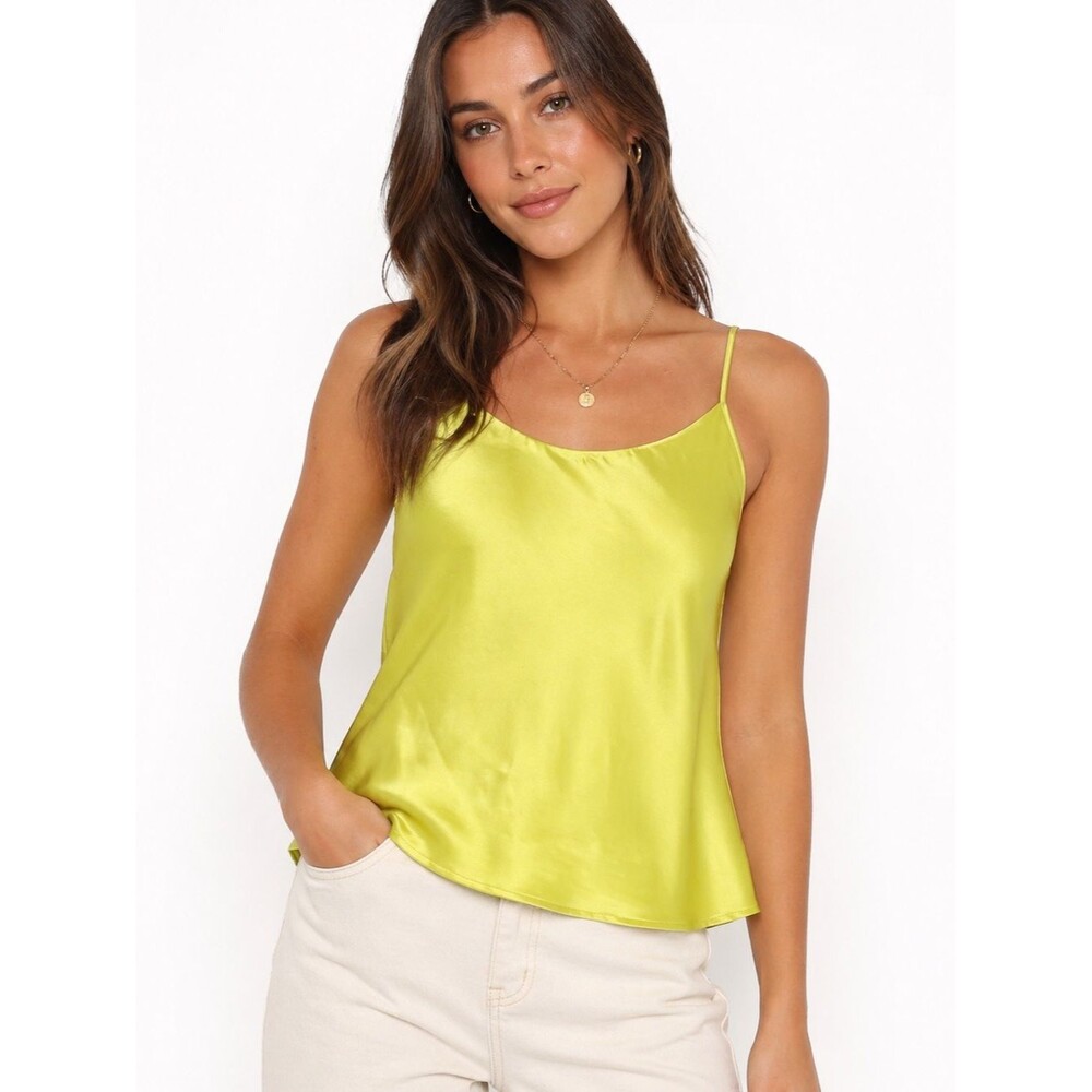 Bar III Lime Satin Cami Top M Chartreuse Slip Tank‎ Minimalist Chic NWOT
